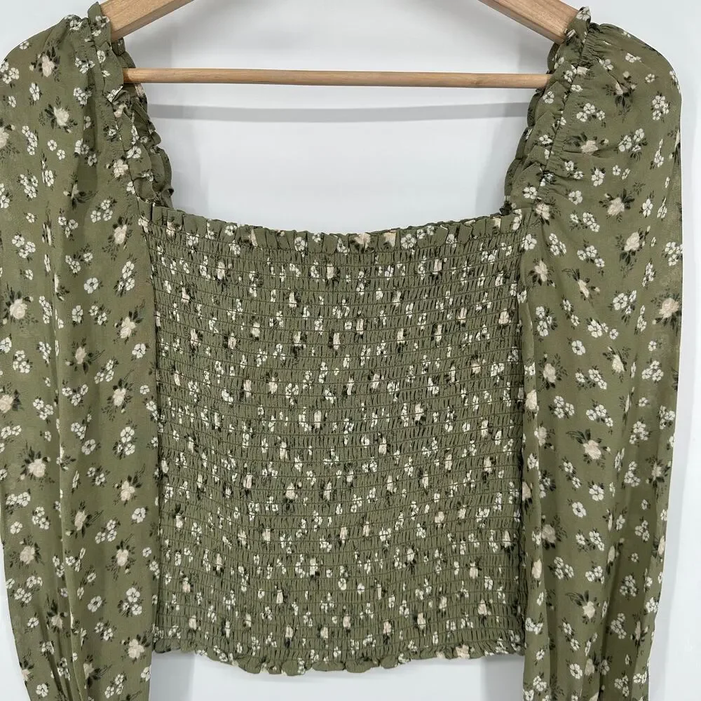 REFORMATION Pinto Top Floral Ruffle Square Neck Smocked Puff Sleeve Blouse